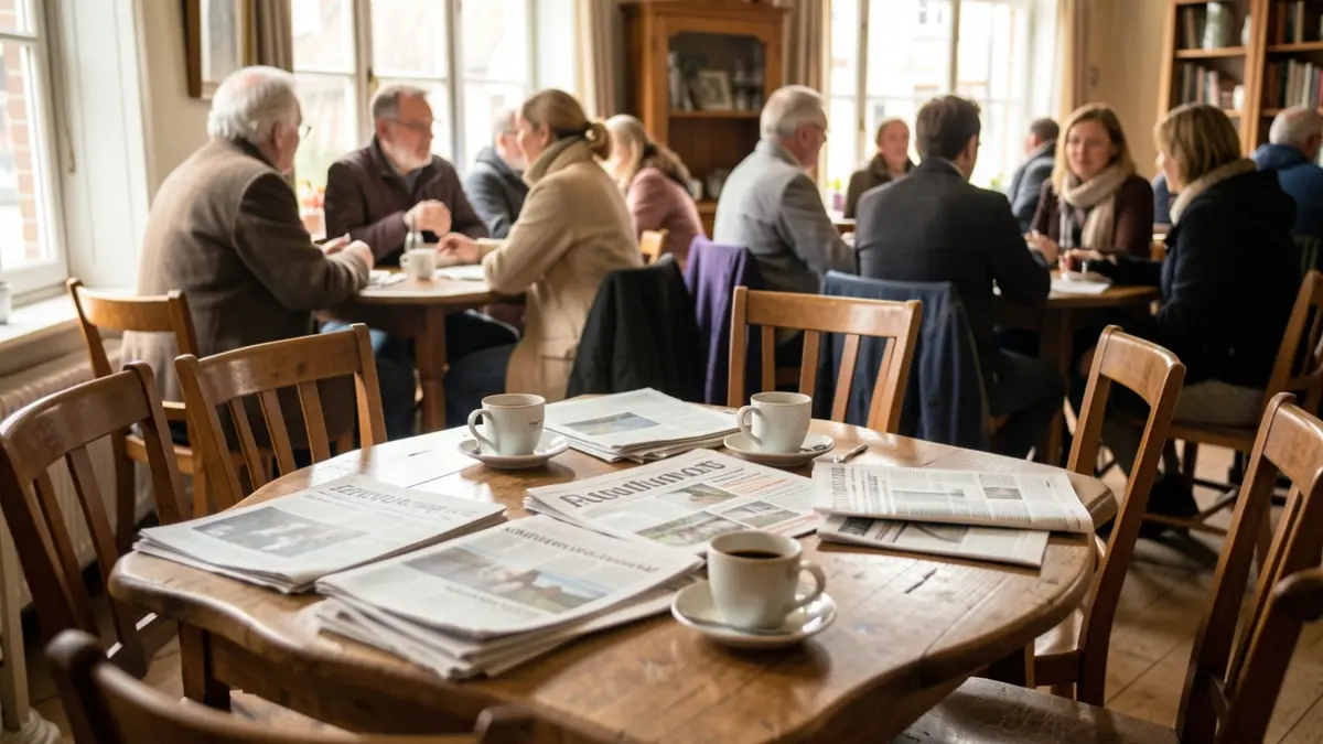 Een gezellige, zonnige ruimte in een Vlaams lokaal dienstencentrum met een tafel vol kranten en koffiekopjes, met op de achtergrond wazige figuren van pratende mensen.