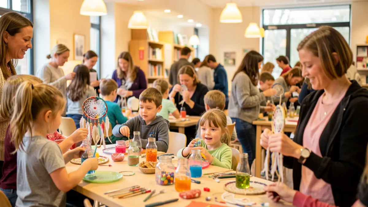 A vibrant scene at Cultuurcentrum Scharpoord, Knokke-Heist, with blurred figures of children crafting and adults interacting. Warm indoor lighting, focusing on a joyful and inclusive atmosphere.