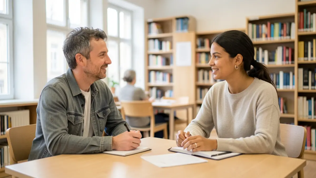 Generic image of two people conversing at a table in a library with bookshelves in the background.