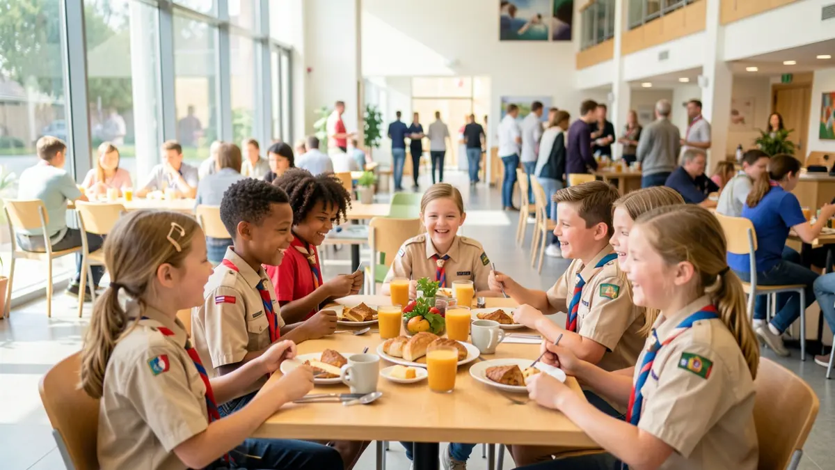 Children and young people in uniform enjoying a festive breakfast in a community center.