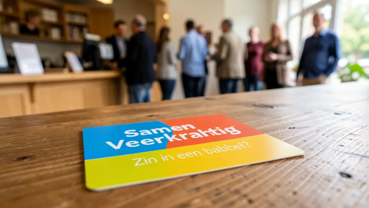 A single, brightly colored 'Samen Veerkrachtig' card with a simple, encouraging message like 'Zin in een babbel?' visible, lying on a textured wooden surface. Soft, natural light illuminates the card, with a slightly blurred background suggesting a public service counter or a cozy home environment. The overall mood is warm and inviting.