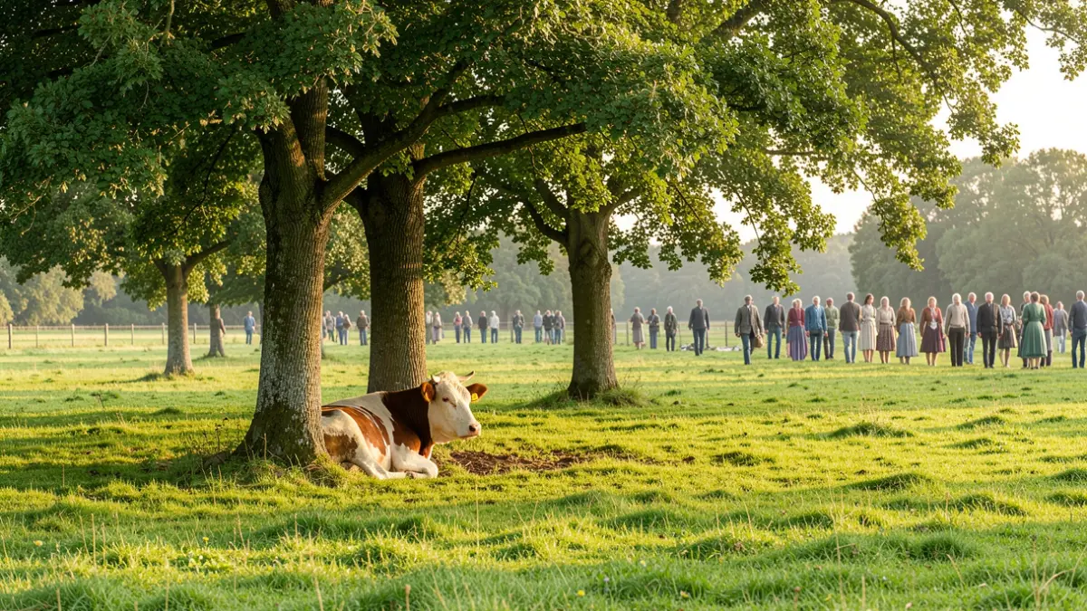Generieke afbeelding van een groene weide in Vlaanderen met enkele schaduwbomen en een koe die rust onder een boom.