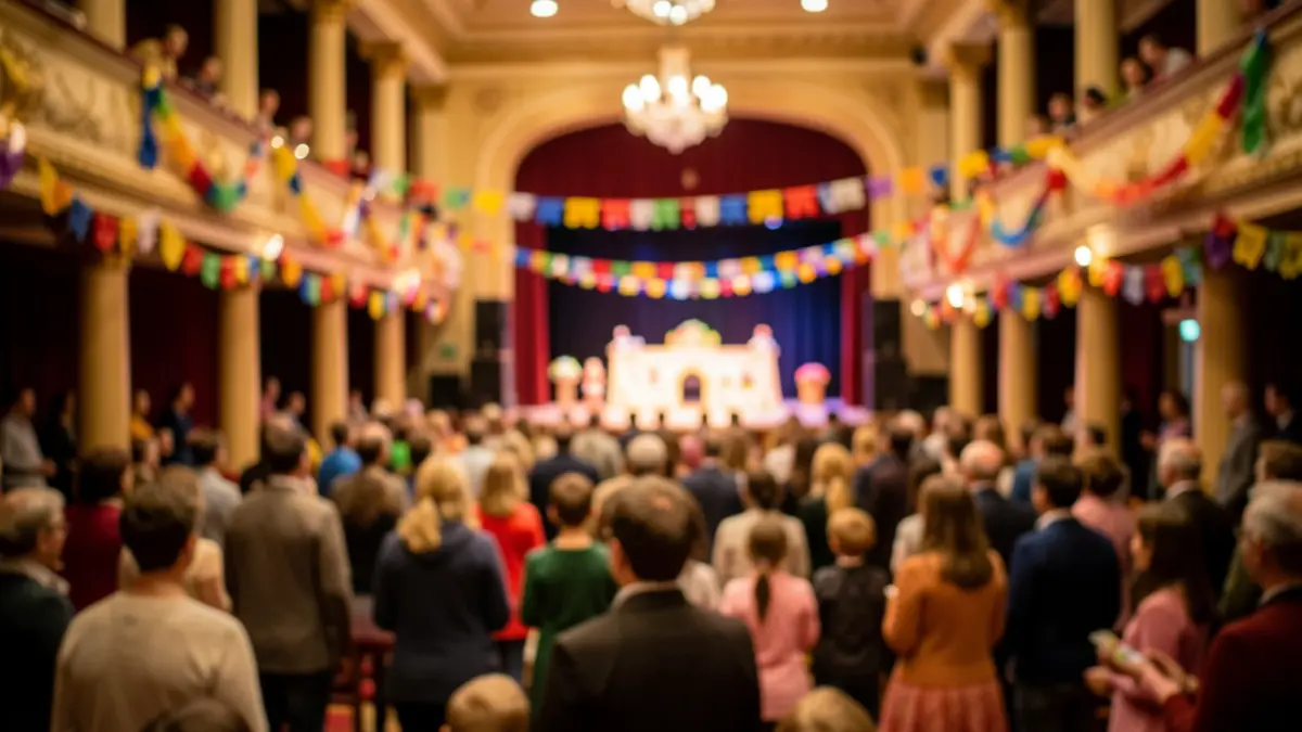 Festive, slightly blurred scene inside a theatre hall in Flanders with colorful decorations and a stage setup. The atmosphere is warm and inviting, suitable for a children's event.
