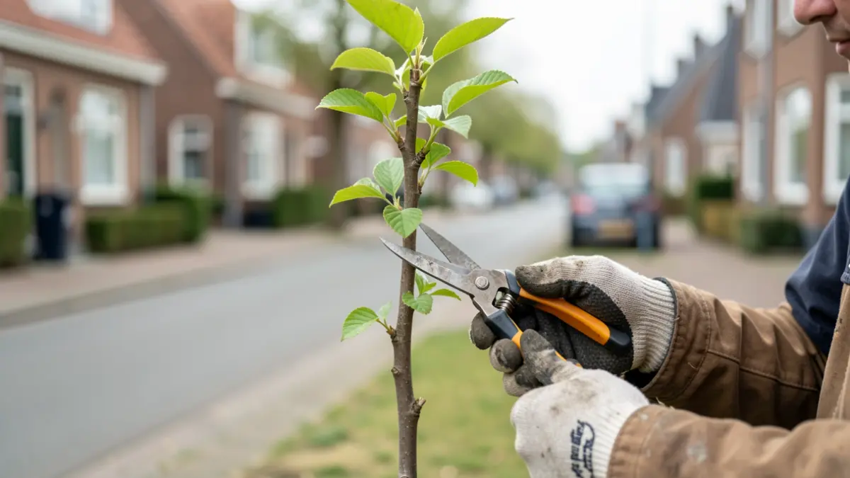 A young, healthy tree being pruned by gloved hands, with a blurred background of a Flemish street.