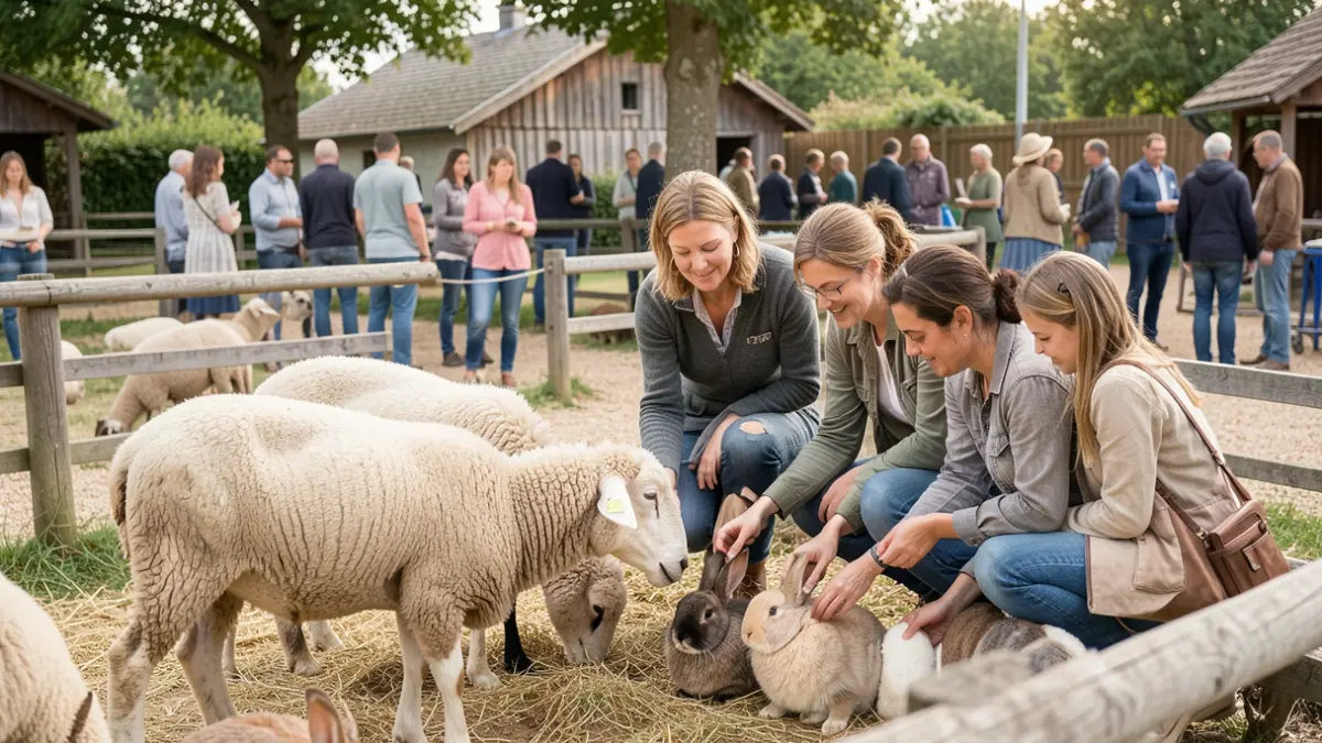 Generic image of volunteers interacting with animals in a petting zoo.