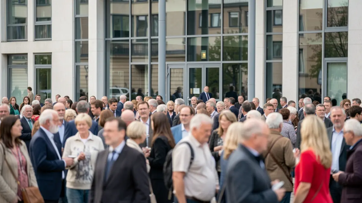 Generic image of a diverse group of people in front of a modern municipal building.