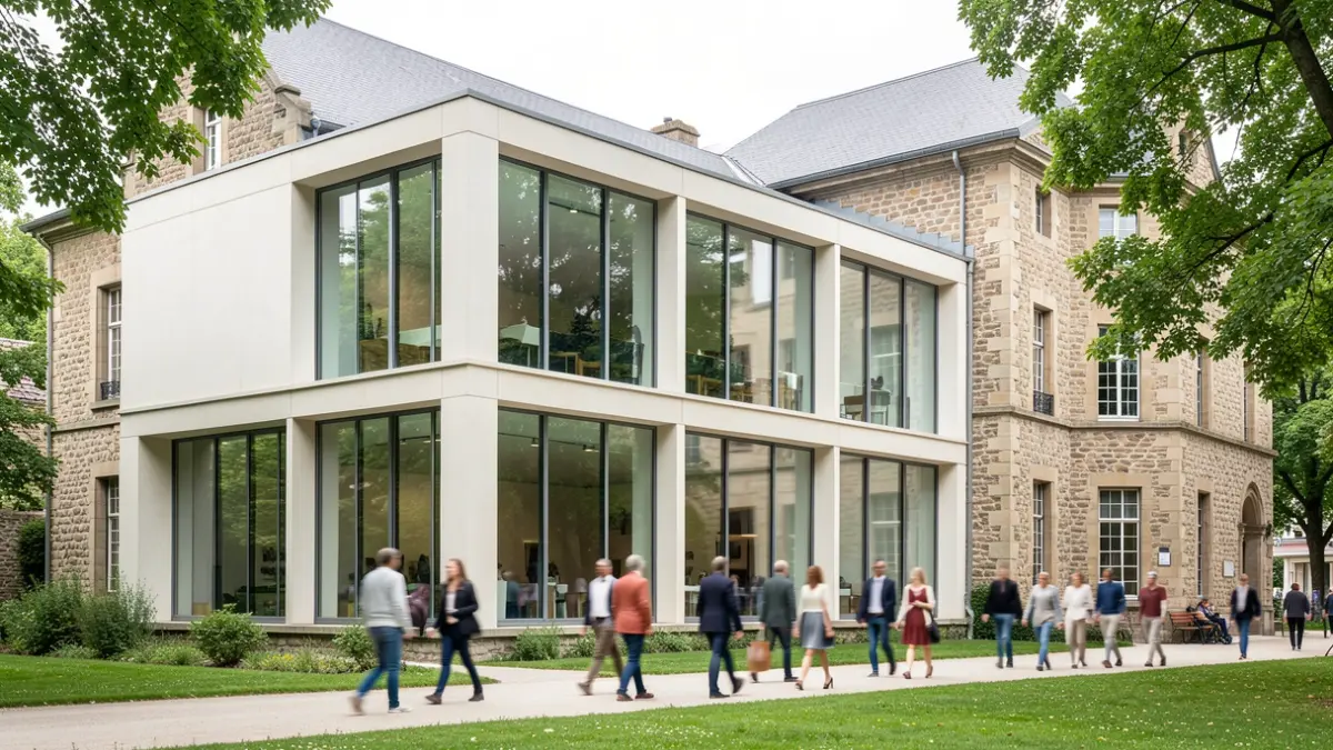 Generieke afbeelding van de gevel van een cultureel centrum met zowel moderne als oudere architectuur, omgeven door groen.