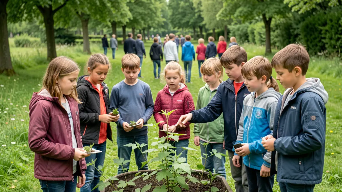 Children playing and learning outdoors in nature in a park in Flanders.