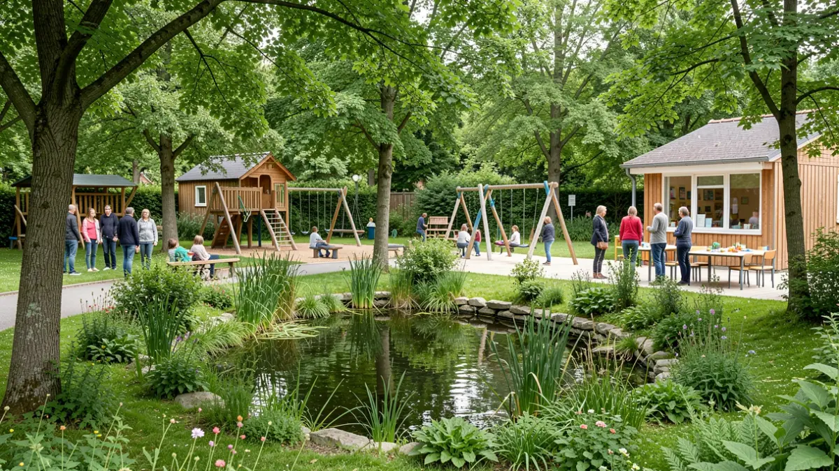 Een groene en veelzijdige buitenruimte met bomen, planten en natuurlijke speelelementen, ter vervanging van een voormalige verharde speelplaats. Een kleine vijver en een buitenklas zijn zichtbaar. De scène straalt natuur en leren uit, met zacht daglicht.