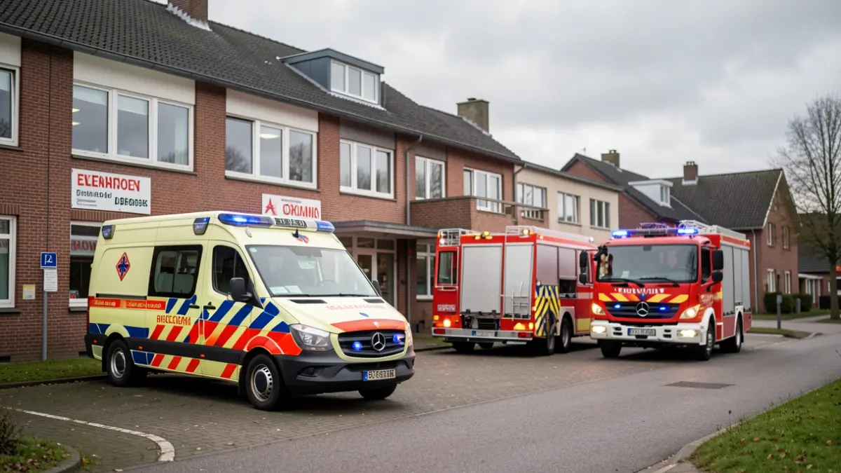 Emergency drill with first responder vehicles outside a school in Flanders.