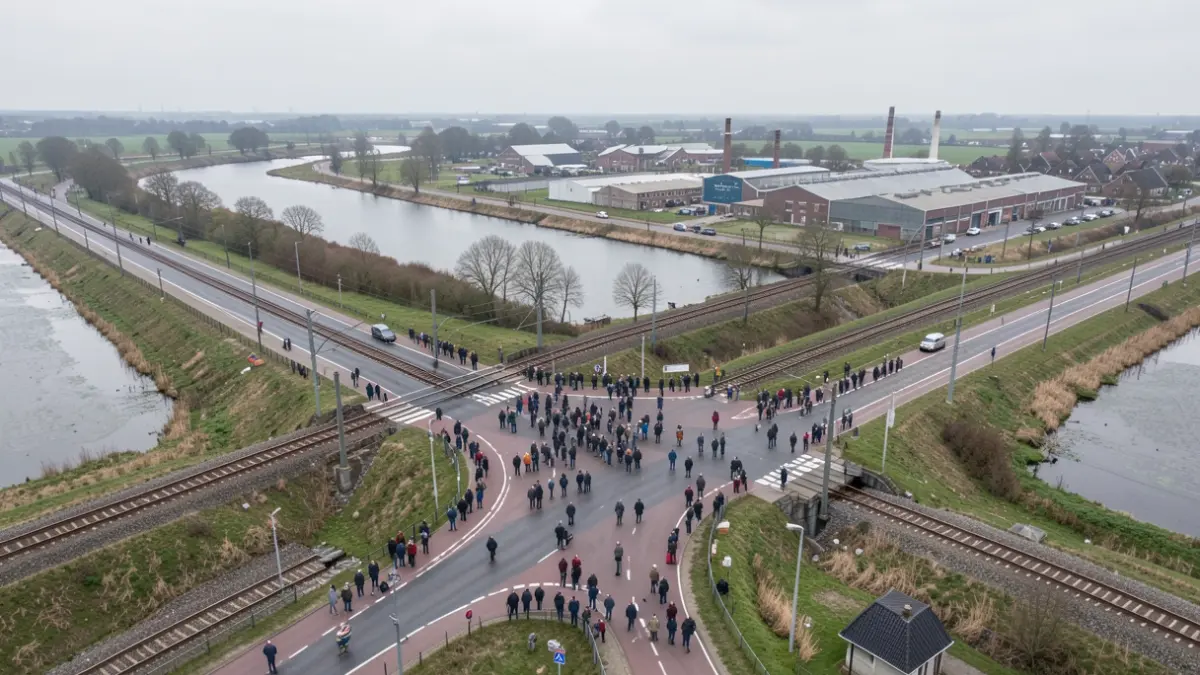 Generieke afbeelding van een complex kruispunt met wegen en spoorlijnen in een Vlaams landschap.