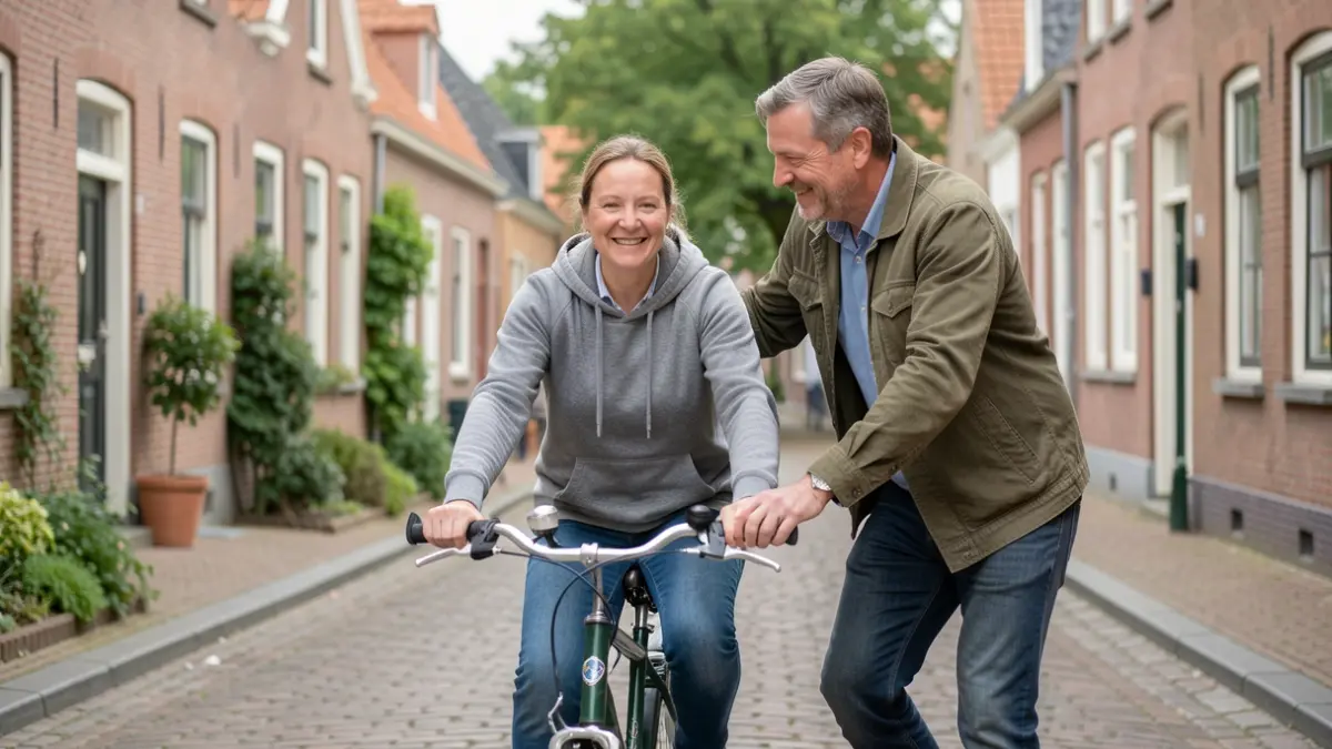 Generieke afbeelding van een vrijwilliger die een volwassene leert fietsen in een Vlaamse gemeente.