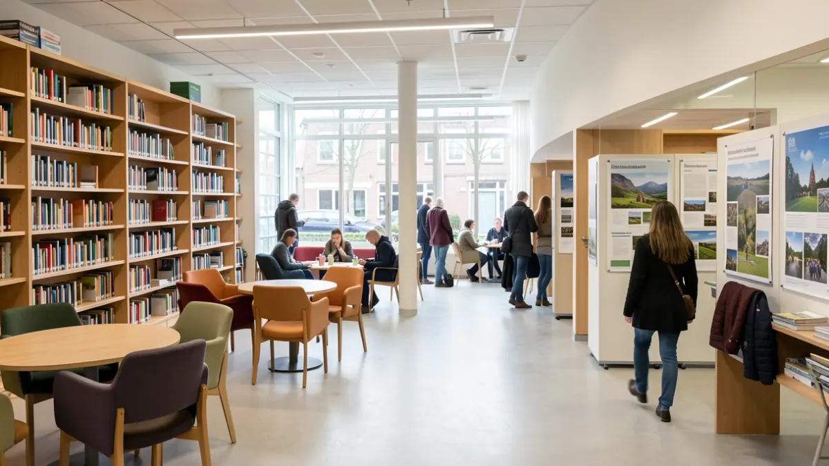 Generieke afbeelding van het interieur van een modern vrijetijdshuis in Vlaanderen, met bibliotheek en toeristische informatiebalie. Geen tekst of personen zichtbaar.