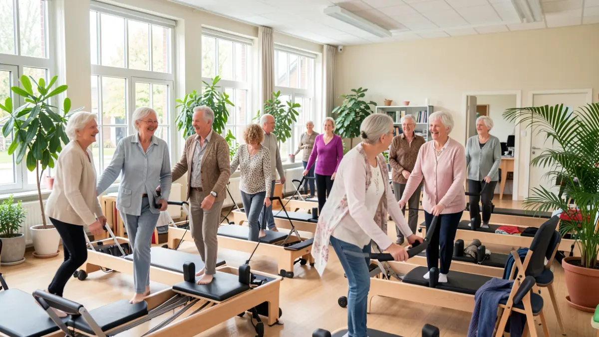 Groep lachende senioren die deelnemen aan een zachte pilatesles in een lichte, ruime gemeenschapszaal in Vlaanderen, met grote ramen en groene planten. Focus op beweging en sociale interactie, niet op specifieke gezichten.