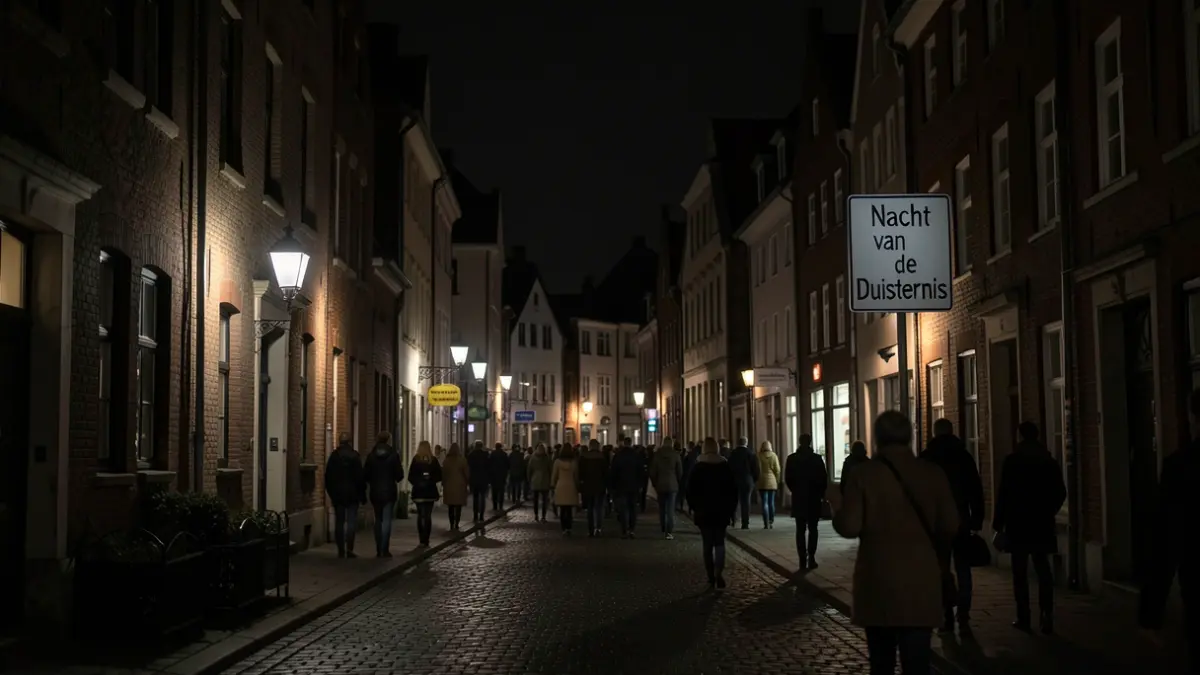 Een donkere straat in Halen tijdens de Nacht van de Duisternis, met selectieve verlichting op historische gebouwen.