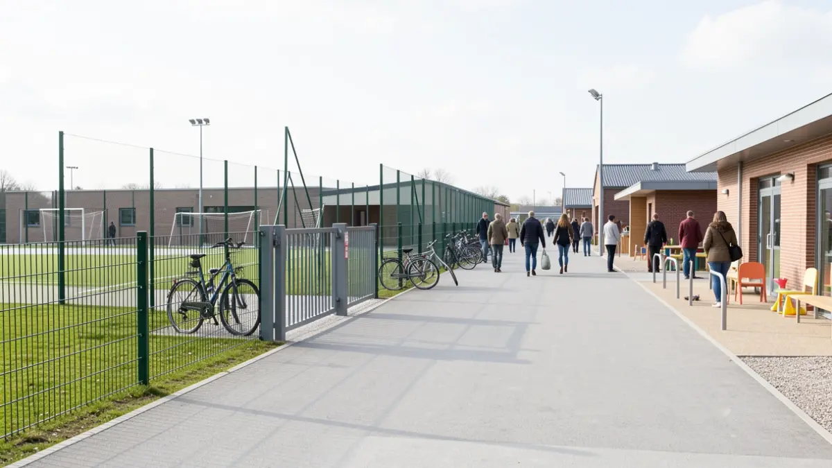 Vernieuwde omgeving aan het sportcentrum en de buitenschoolse kinderopvang in Halen, met nieuwe omheining, poorten en een fietsenstalling.