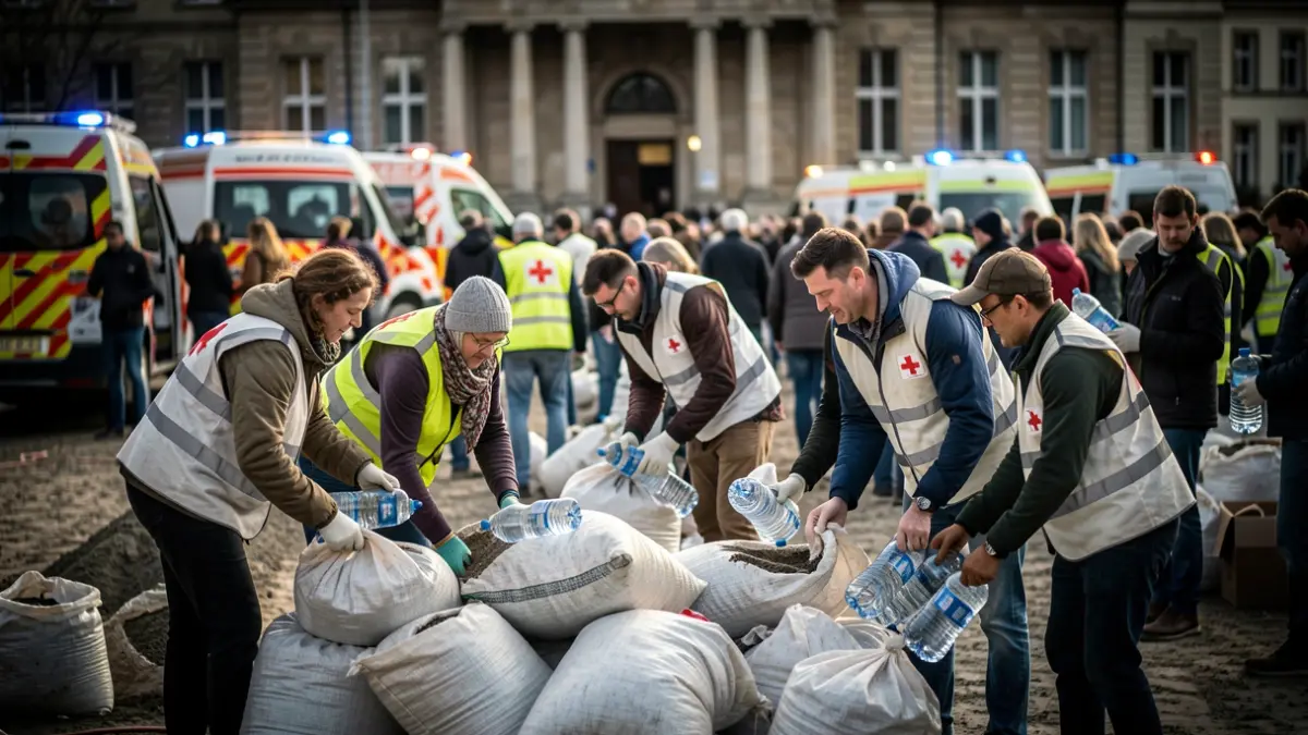 Volunteers fill sandbags and distribute water during a simulated emergency situation, with a town hall and emergency services in the background.
