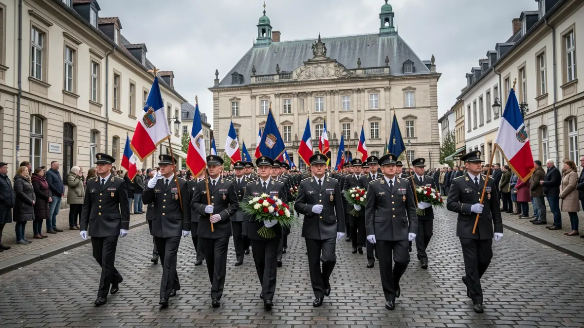 Generieke afbeelding van een plechtige optocht met burgers en militairen voor een historisch stadhuis onder een grijze hemel.