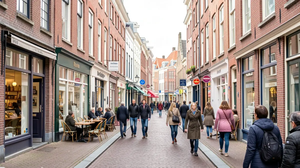 Generieke afbeelding van een levendige winkelstraat in een Vlaamse stad met een mix van winkels, horeca en kantoren.