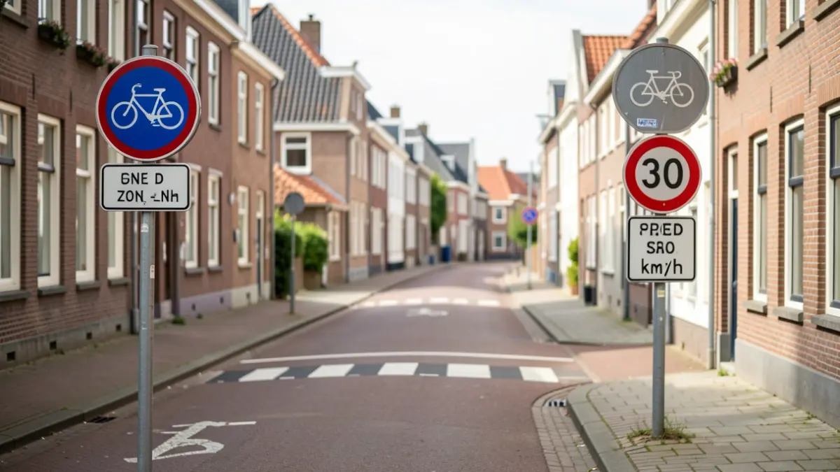 Generieke afbeelding van een straat in een Vlaamse gemeente met fietszone- en snelheidslimietborden.