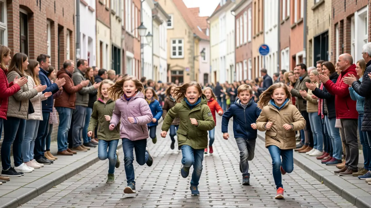 Students from Halle schools participating in the Urban Run through the city center, cheered on by supporters.