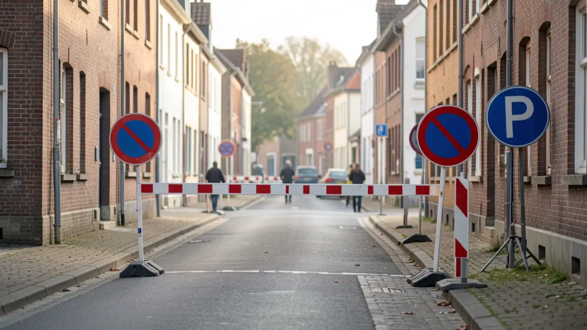 Verkeersmaatregelen in de Hazenakkerstraat in Erpe-Mere voor de halve marathon.