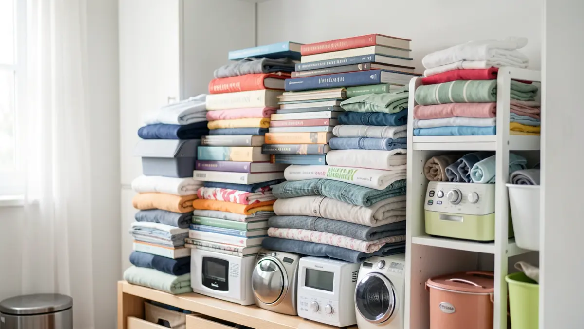 Generic image of a pile of reusable items such as books, clothes, and small appliances in a bright storage area.