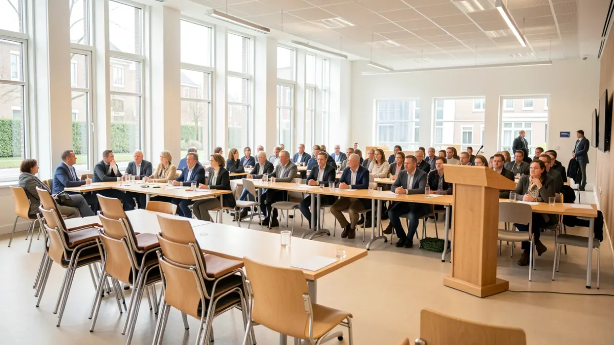 Generieke afbeelding van een modern gemeenschapscentrum in Vlaanderen, klaar voor een bijeenkomst.