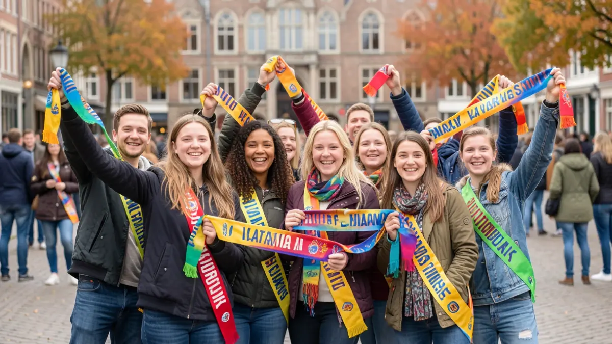Generieke afbeelding van een groep jonge mensen die sjaals omhoog houden in een feestelijke buitenomgeving, met vage Vlaamse architectuur op de achtergrond.