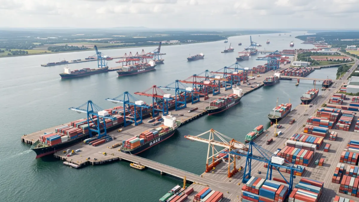 Generic image of a busy European port with container ships and cranes, symbolizing international trade.