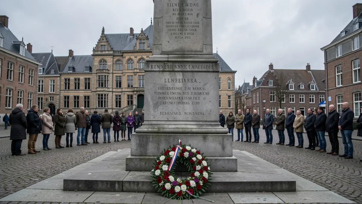 Generic image of a war memorial in Flanders with a wreath of flowers. The background shows typical Flemish architecture under an overcast sky.