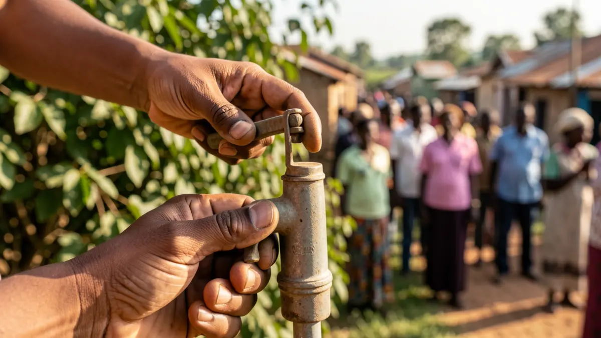 Generic image of a hand holding a water pump handle, with blurred green foliage and a rural village in the background.