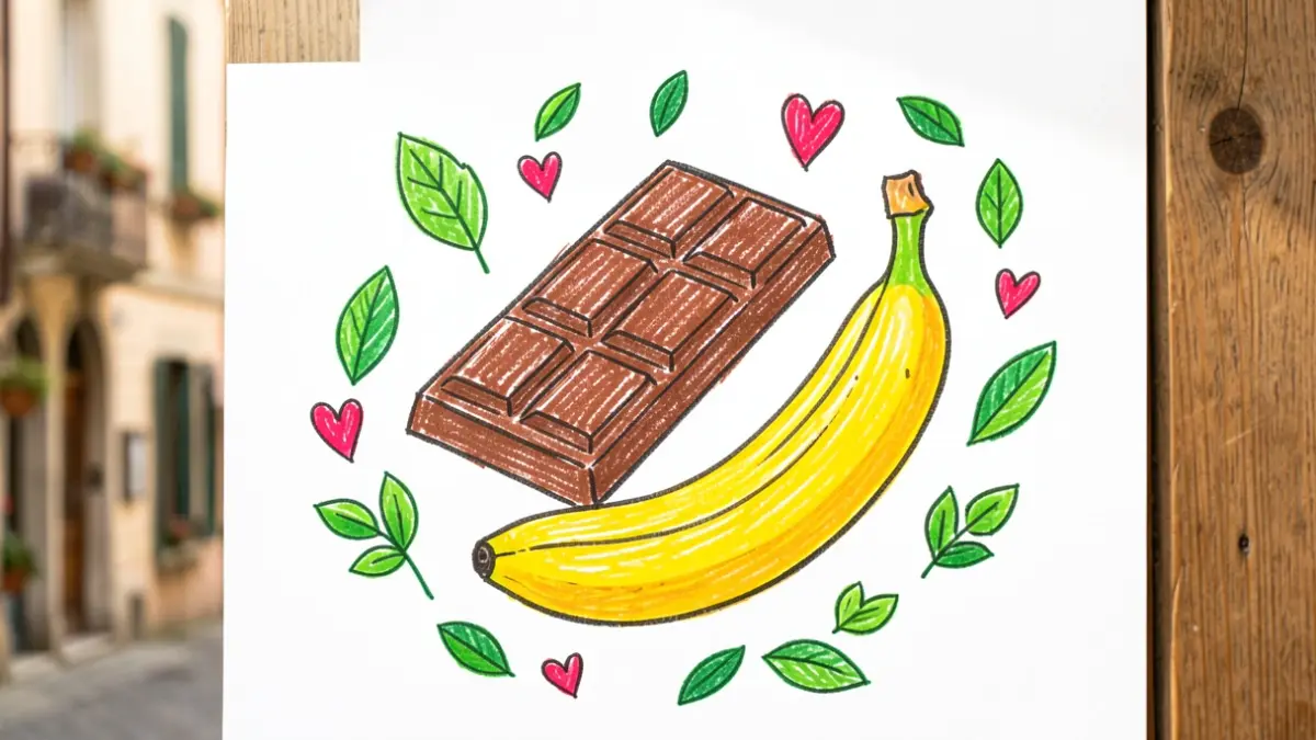 Kleurrijke tekening van een chocoladereep en een banaan met groene blaadjes en hartjes, in de stijl van de 'Sweet Revolution' campagne.