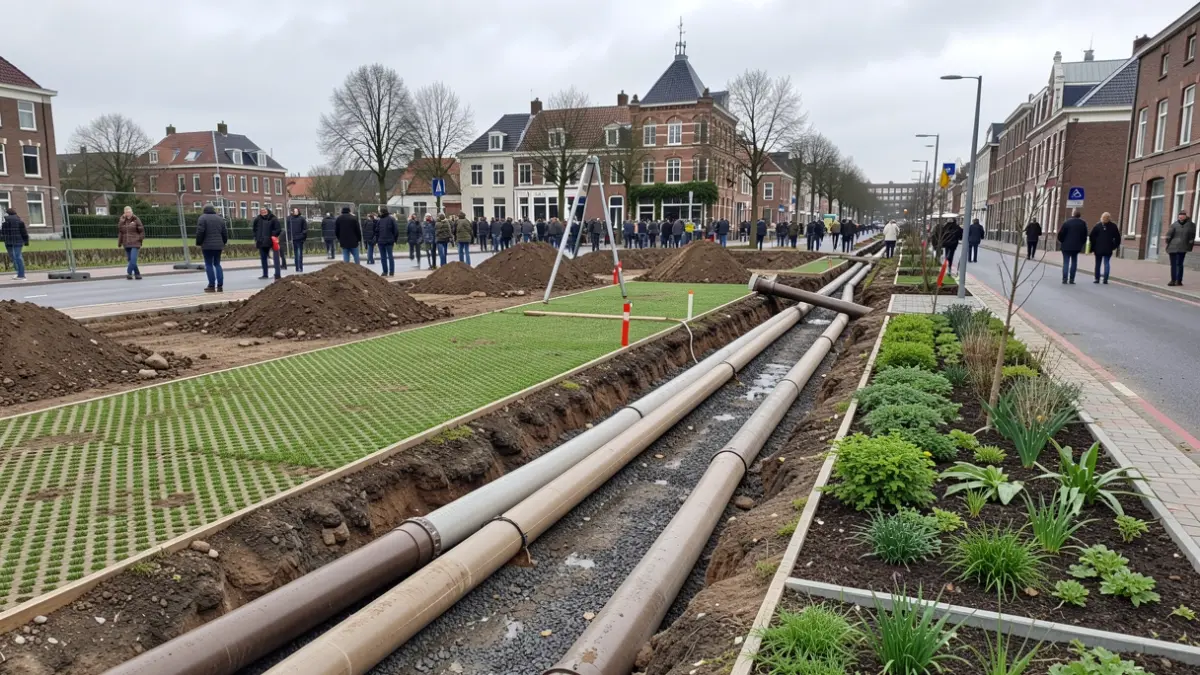 Bouwwerf voor gescheiden riolering in Aalst, met focus op nieuwe buizen voor afvalwater en regenwater, grasdallen en groenzones.