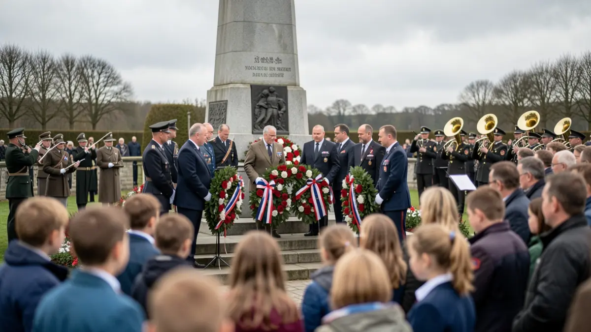 Generic image of a solemn commemoration ceremony at a war memorial in Flanders, with a delegation of local officials laying wreaths, blurred figures of schoolchildren and a brass band in the background, overcast sky.