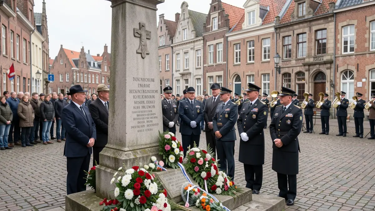 Generic image of a commemoration ceremony with a war memorial, flowers, and a brass band in a Flemish municipality.