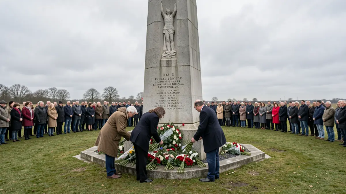 Generieke afbeelding van een herdenkingsplechtigheid aan een oorlogsmonument in Vlaanderen, met bloemenlegging en een ingetogen sfeer.