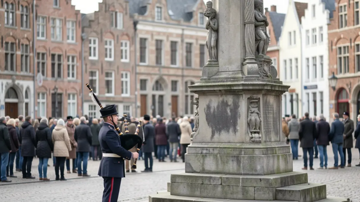 Een plechtig herdenkingsmonument met een doedelzakspeler in een Vlaamse stad.