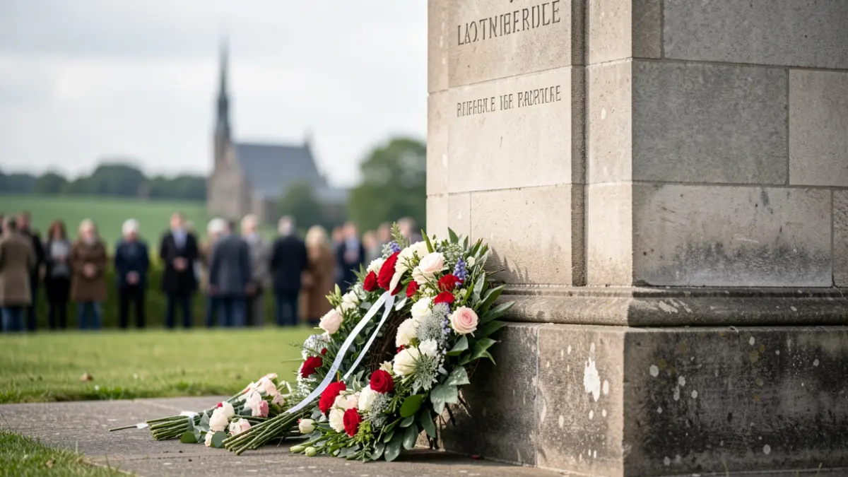Generic image of a war memorial with a wreath of flowers, set in a Flemish landscape under soft daylight.
