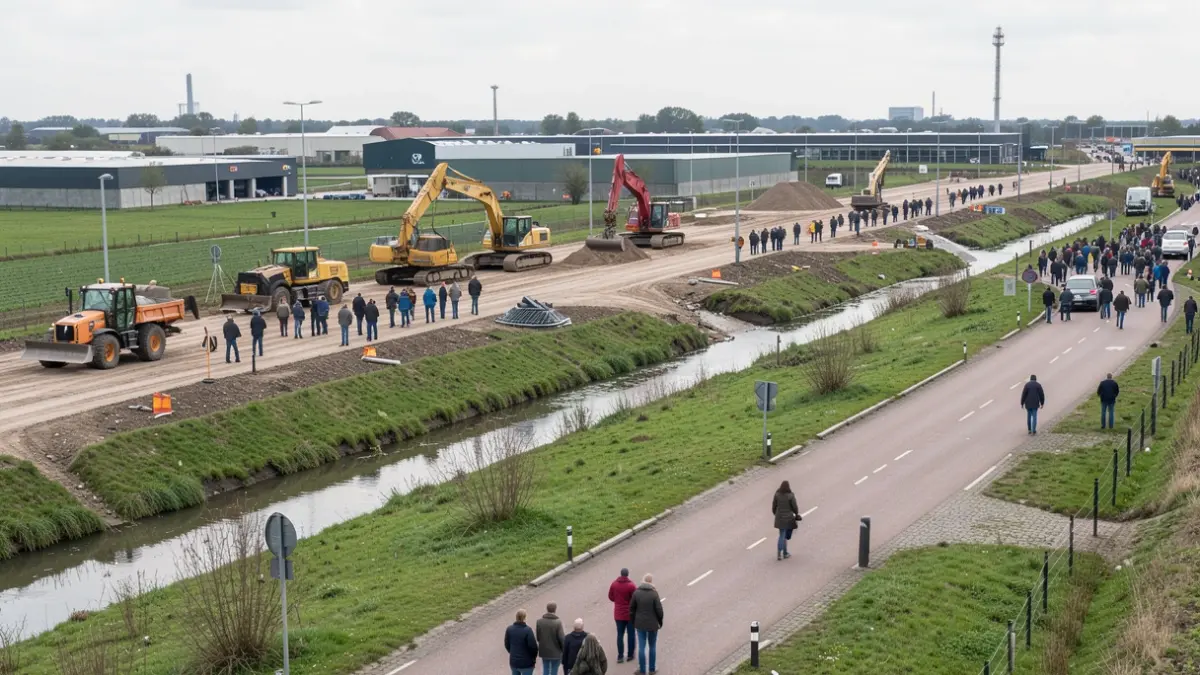 Roadworks on an industrial road in Flanders, focusing on water management and accessibility.