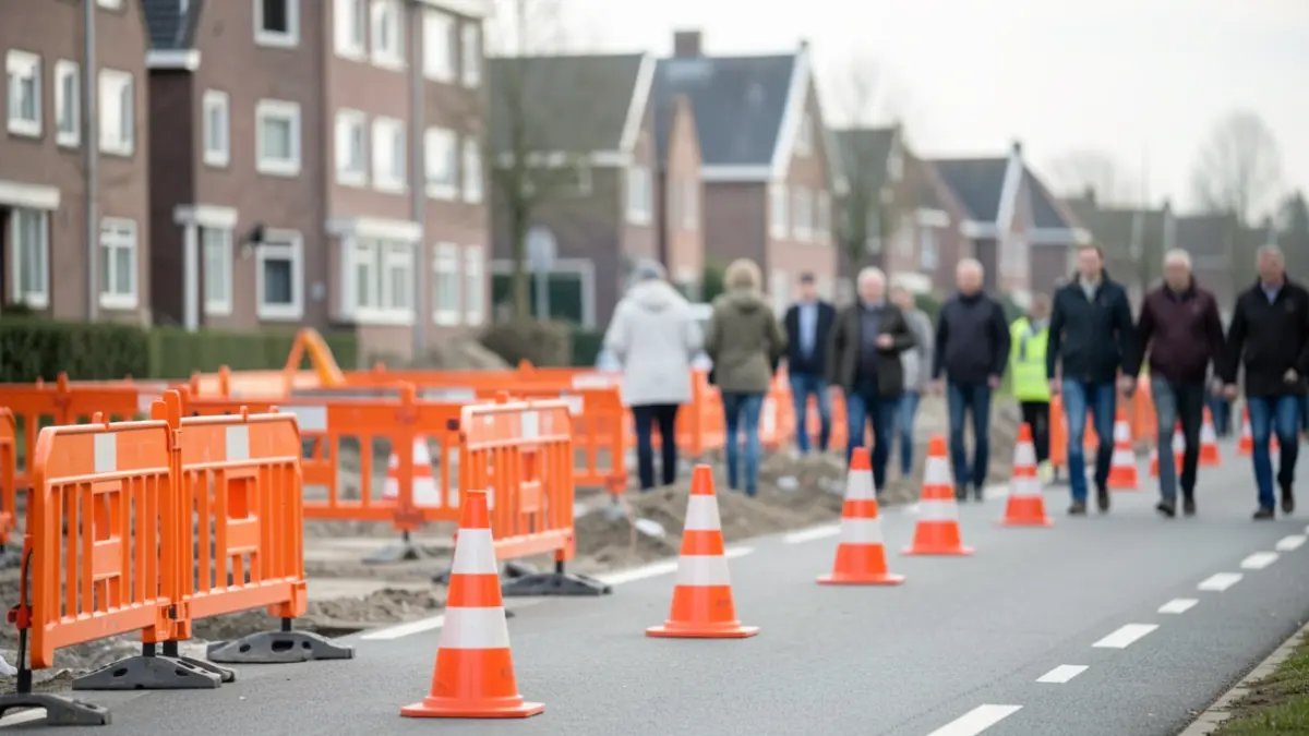 Generieke afbeelding van een werfzone met oranje barrières en verkeerskegels op een weg in Vlaanderen, met wazige woongebouwen op de achtergrond. Zacht daglicht, documentaire stijl.
