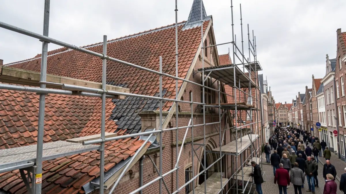 Repair work on the roof of the Mortsel town hall with scaffolding.