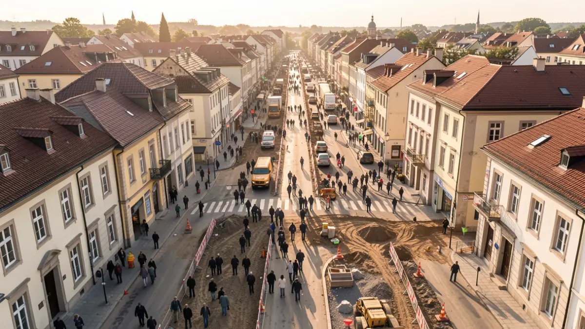 Generic image of a reopened town center with streets open for traffic and outdoor seating.