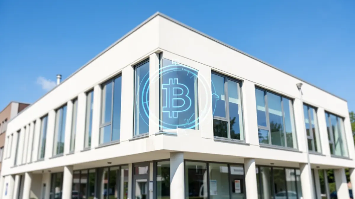 Generieke afbeelding van een modern gemeentehuis in Vlaanderen met een digitaal munt-symbool.