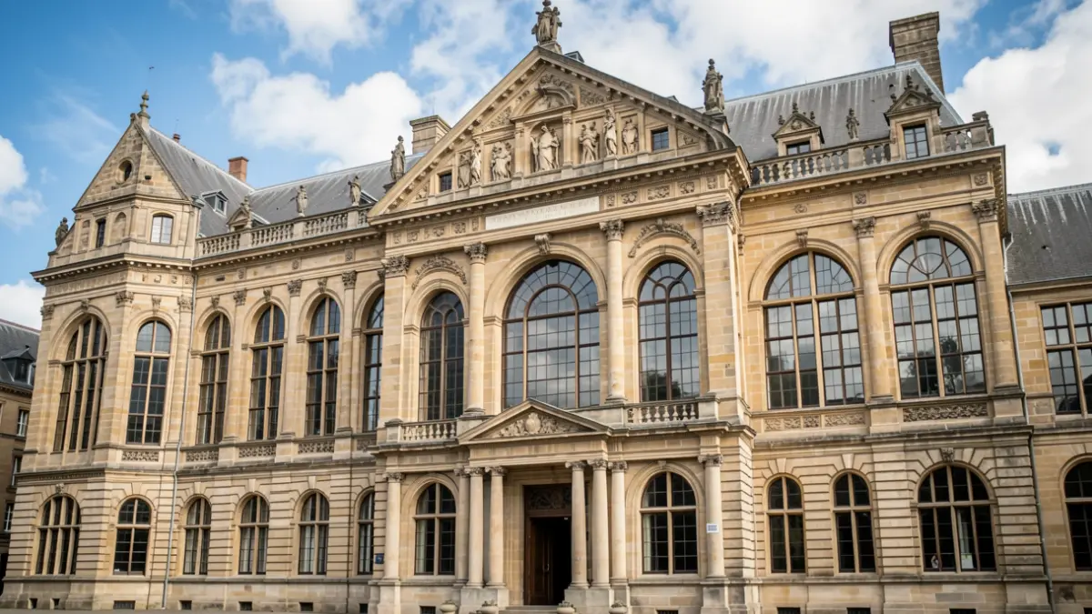Generieke afbeelding van de gevel van een historisch Vlaams universiteitsgebouw met zandstenen ornamenten en een klassieke ingang onder een blauwe hemel.
