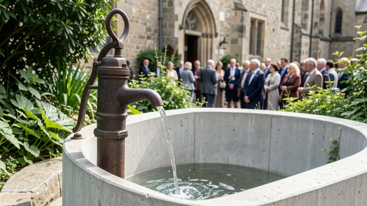 Een gietijzeren handpomp die water levert aan een modern bassin, omringd door groen.