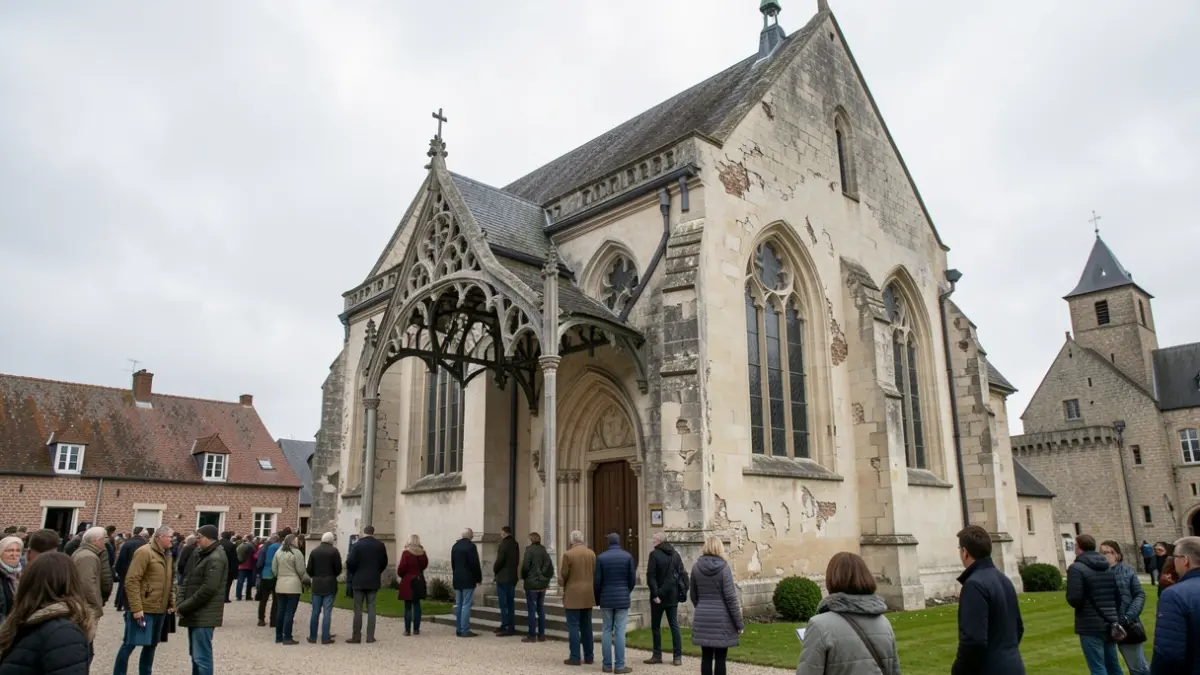 Generic image of the facade of a historic chapel with a 19th-century canopy showing signs of wear, set against a castle farm in Flanders, under an overcast sky.