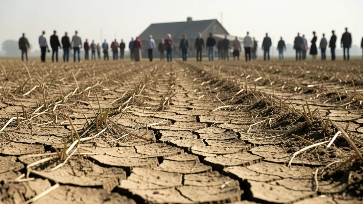 Dry, cracked agricultural field under a harsh sun, with blurred farm building silhouettes in the background.