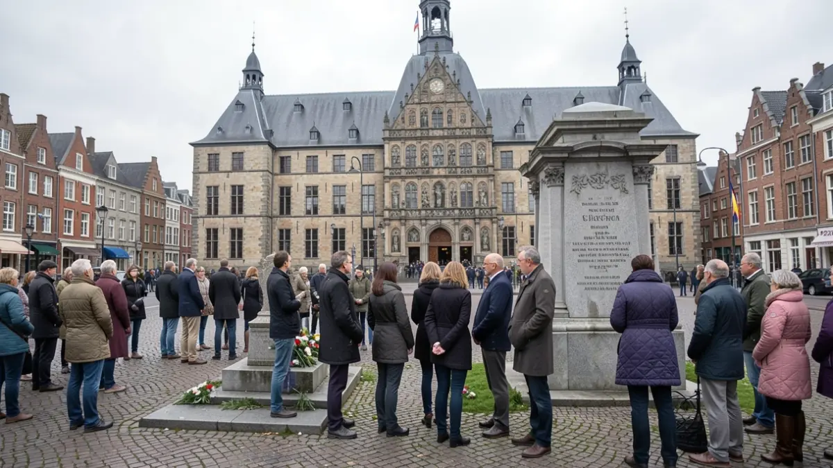 Generieke afbeelding van een plechtige herdenkingsceremonie bij een oorlogsmonument voor een Vlaams stadhuis, met een kleine groep mensen. Zacht, bewolkt daglicht.
