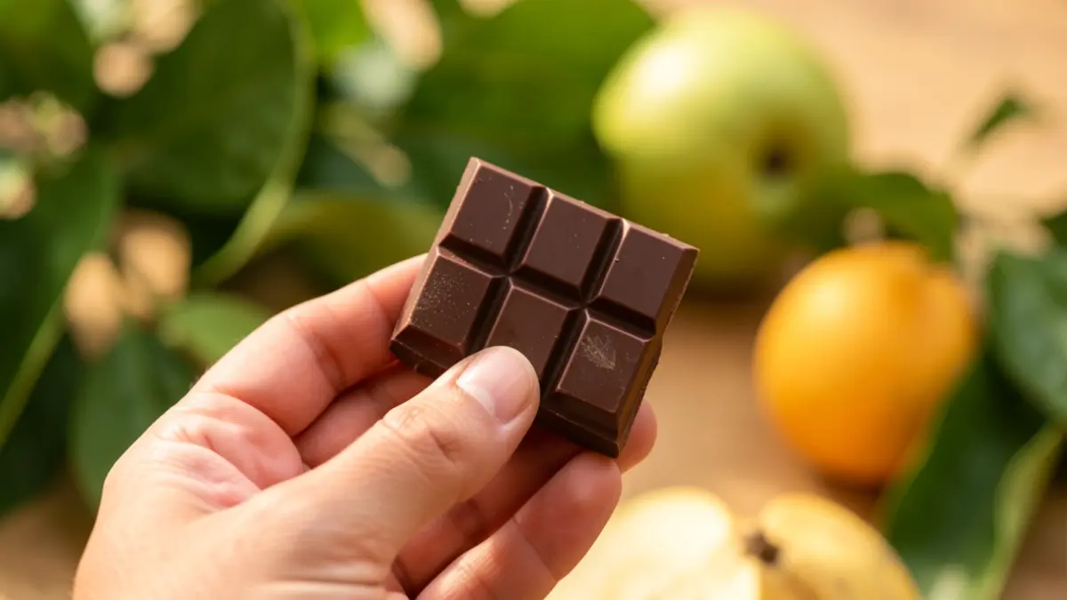 Generieke afbeelding van een hand die een stuk donkere chocolade vasthoudt, met vervaagde groene bladeren en een subtiele hint van lokaal fruit op de achtergrond. De belichting is warm en natuurlijk.